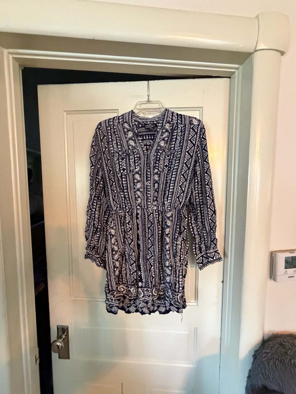 Angie Aztec Print Mini Dress Size L Navy White Long Sleeve